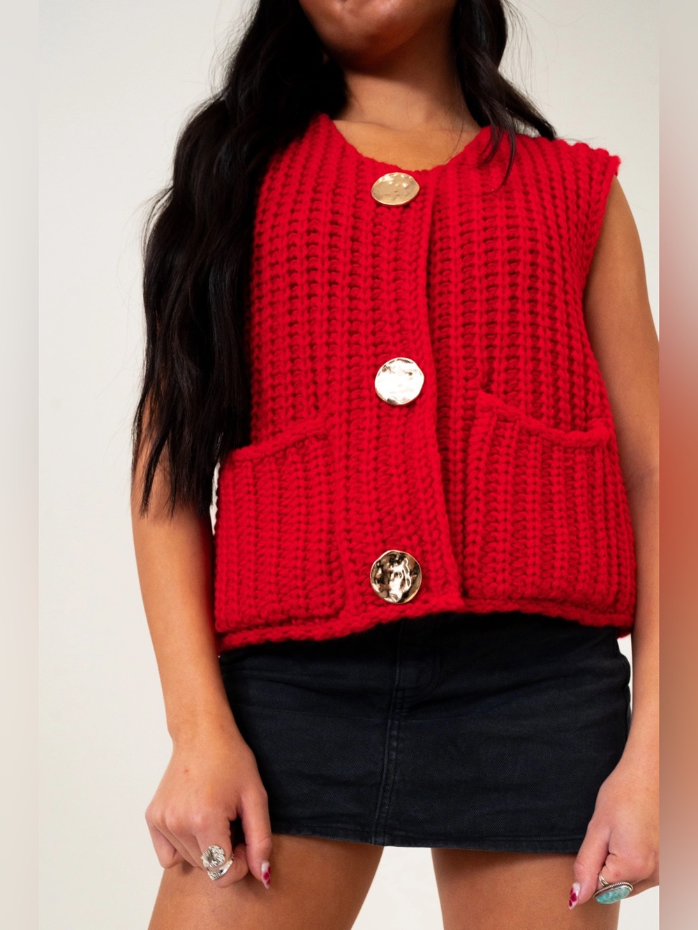 Boutique Chunky Red Knit Button Front Vest with Gold Buttons